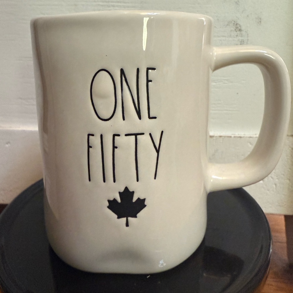 Rae Dunn White Mug with Black 'ONE FIFTY' and Leaf